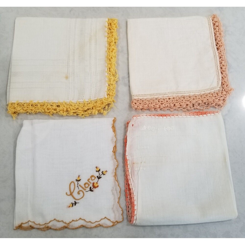 Vintage Handkerchiefs Lot of 4 Hand Embroidered Floral Crochet Trim Hankies